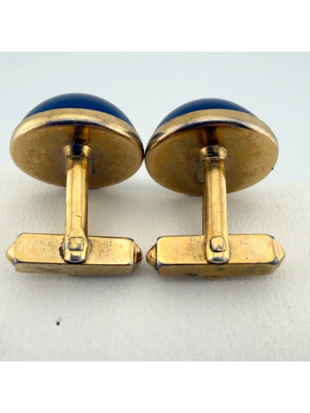 Vintage Blue Glass Dome Swank Cuff Links Cabochon Gold Tone